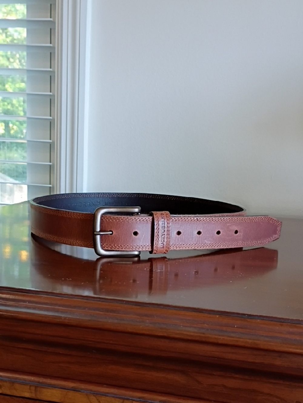 Lucky Brand Men's Russet Brown Leather Belt - Classic Casual Style, L